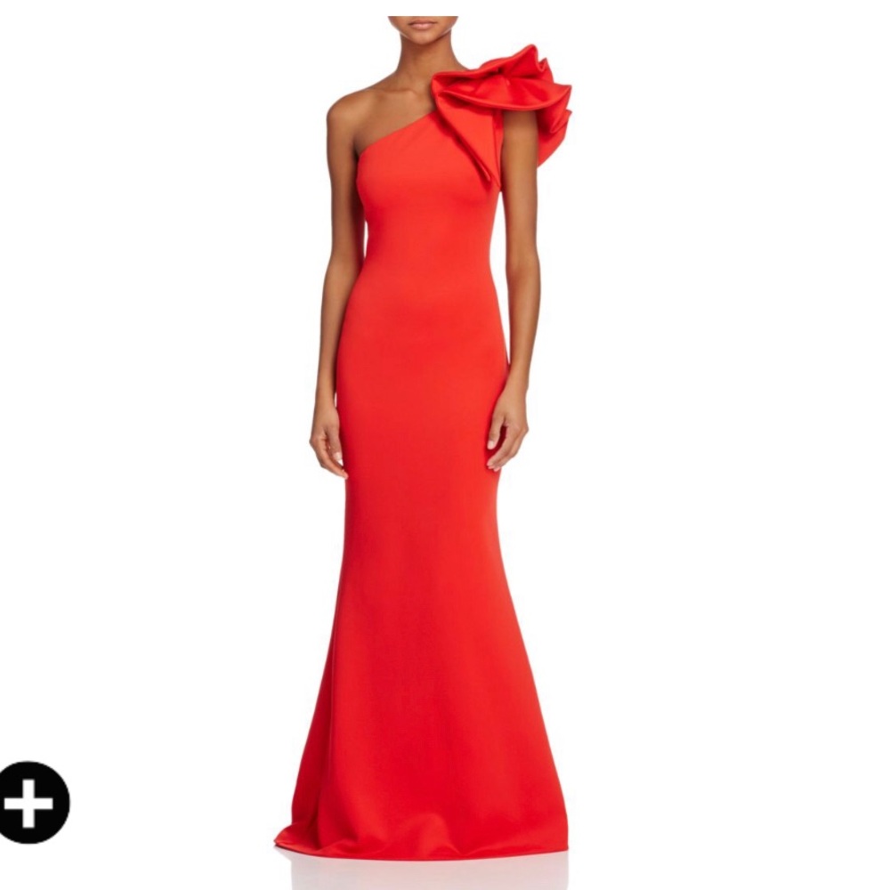 Average G one shoulder ruffle gown in red
